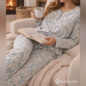 Flora Nikrooz Blue and White Floral Loungewear, women’s size X-Large